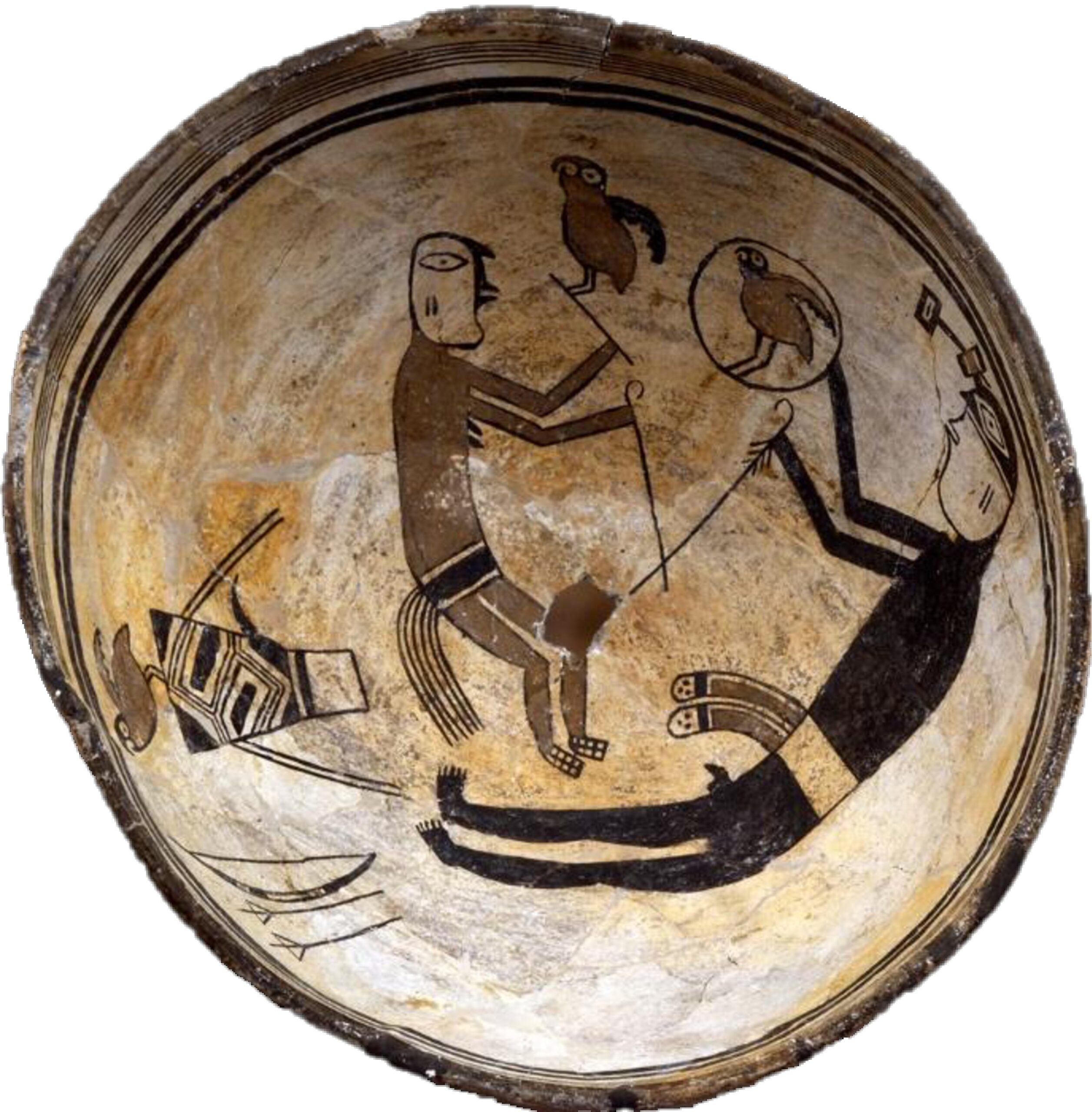 Pottery with artwork of humans and birds